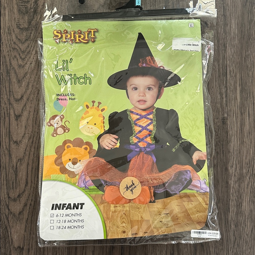 Spirit Lil' Witch Costume Infant Size 6-12M Dress & Hat Black Purple Orange